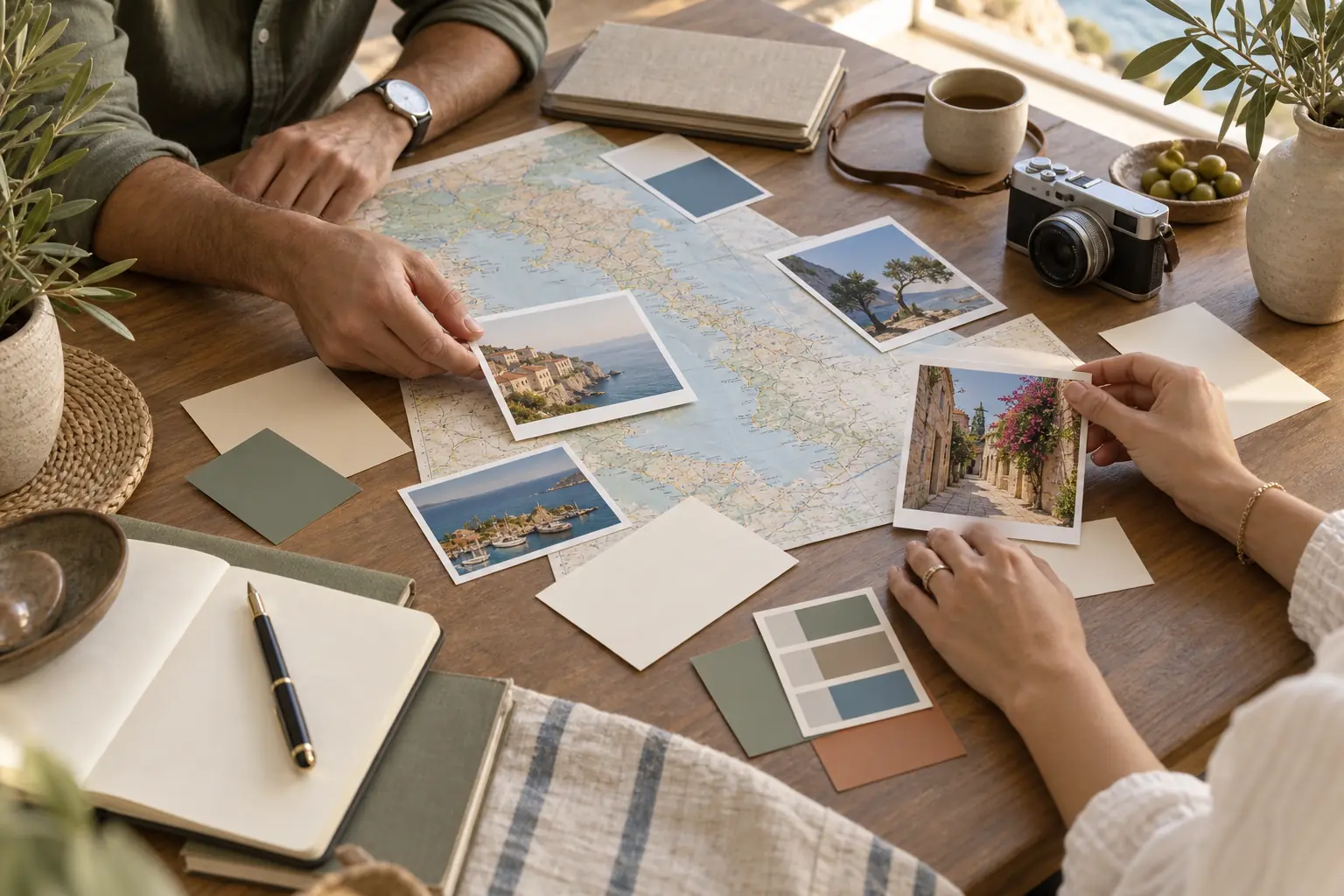 Deux personnes sélectionnent des photographies autour d’une carte pour cadrer un contenu de voyage