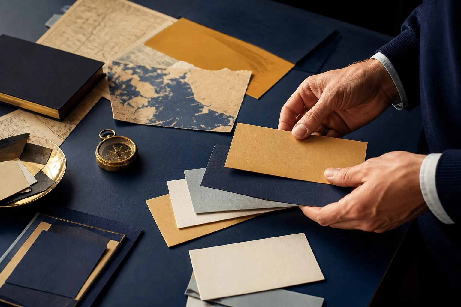 Mains organisant des cartes de voyage et des repères éditoriaux sur un bureau