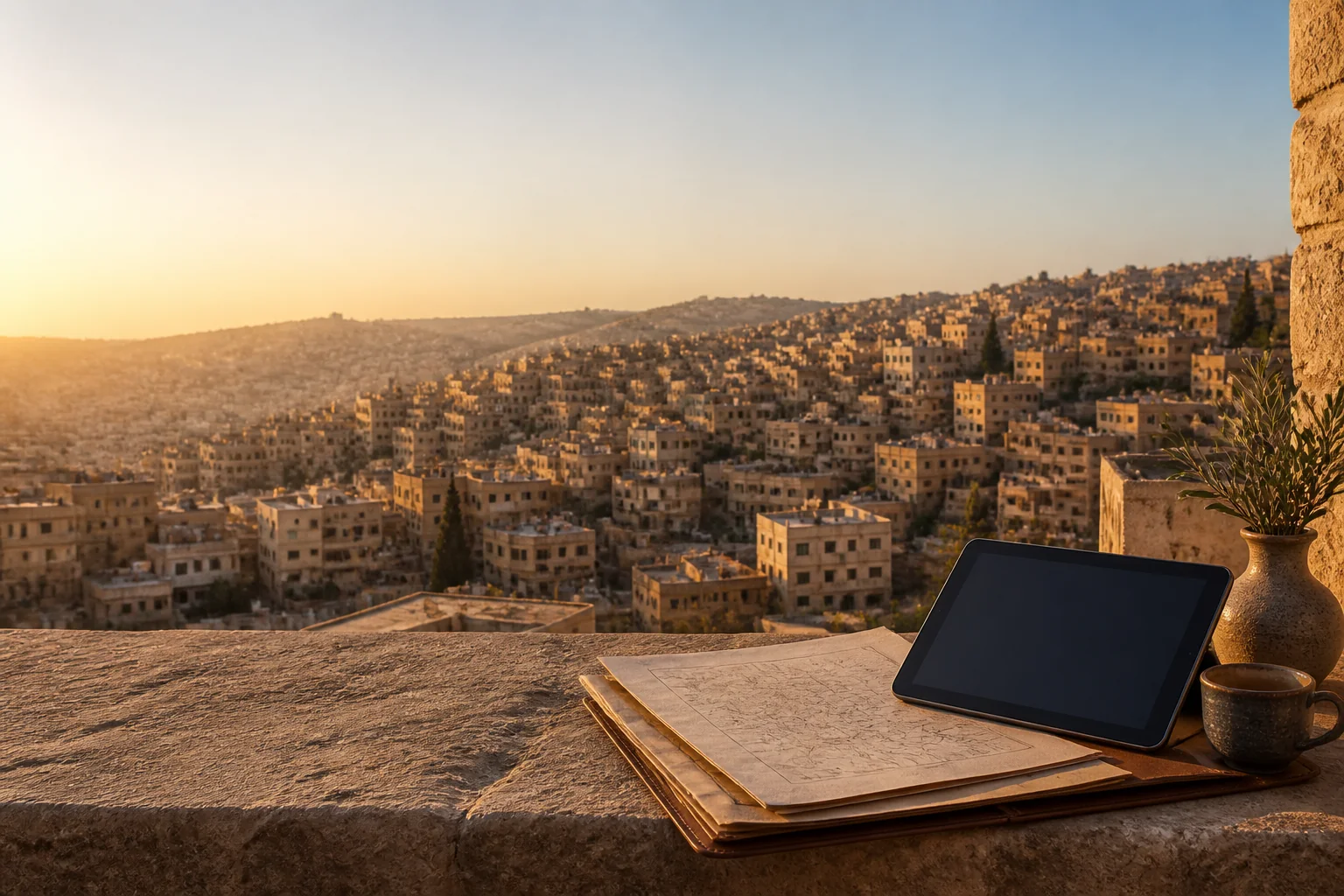 Vue éditoriale d’Amman au lever du jour, associée à la préparation d’un voyage